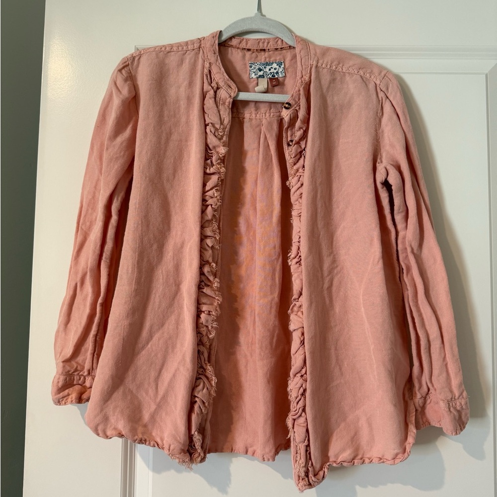 Pilcro Anthropologie Light Pink Linen Ruffled Button Down Blouse Size XS - Picture 3 of 11
